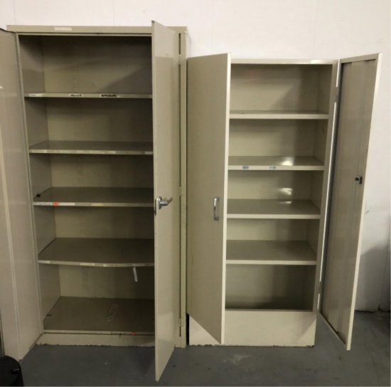 LOT CONSISTING OF METAL CABINETS AND SHELVES INCLUDES (3) 2 DOOR CABINETS, LATERAL FILE CABINET