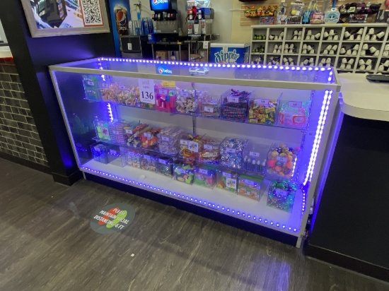 GLASS SHOW CASE, MEASURES 70" W X 20" D X 38" H