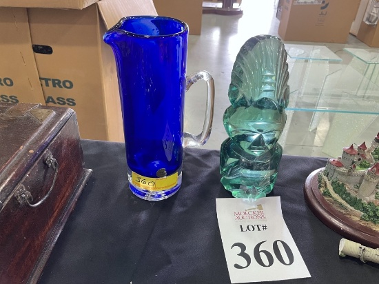 AZTEC STYLE ART GLASS AND POLISH CRYSTAL PITCHER