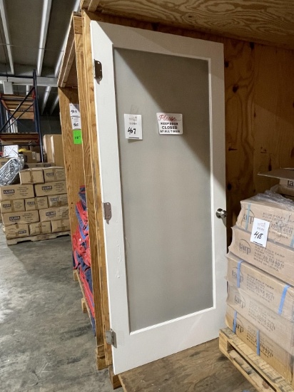 INTERIOR WOOD AND GLASS DOOR, MEASURES 80" X 34"