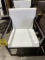 WHITE CHAIRS WITH BROWN FRAMES, (MATCHING)