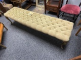 VELOUR BUTTON TUCK BENCH WITH ORNATE WOOD