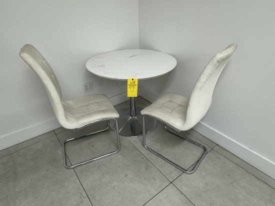 ROUND TABLE WITH (2) WHITE CHAIRS
