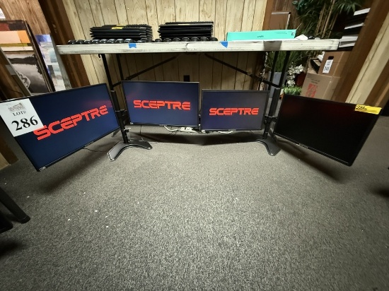 ASSORTED SCEPTRE MONITORS ON DUAL DESKTOP STANDS