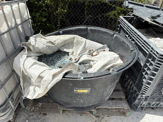 PLASTIC TUB FULL OF GLASS ROCK