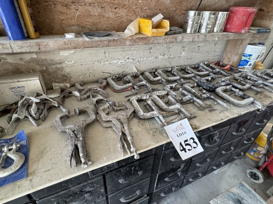 LARGE LOT OF ASSORTED C-CLAMPS AND CLEVIS HOOKS
