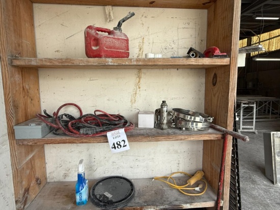 WOOD SHELVING UNIT WITH CONTENTS
