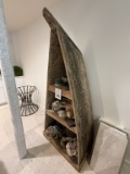 WOODEN BOAT BOOKSHELF WITH CONTENTS