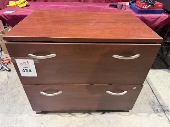 WOODEN (2) DRAWER FILE CABINET (NOTE HAS DAMAGE)