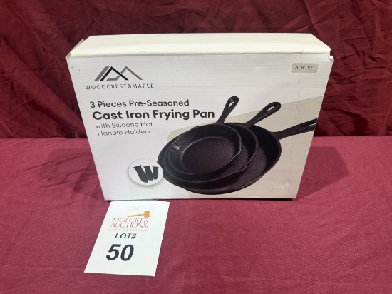 Woodcrest&Maple 3 Pc Pre-Seasoned Cast Iron Frying Pan (New)