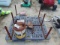 PALLET WITH OIL CANS, GAS CAN, BOAT JACK