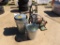 Metal trash cans w/Tempco water heater on hand cart