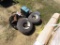 Grinding wheels, antique hand water pump