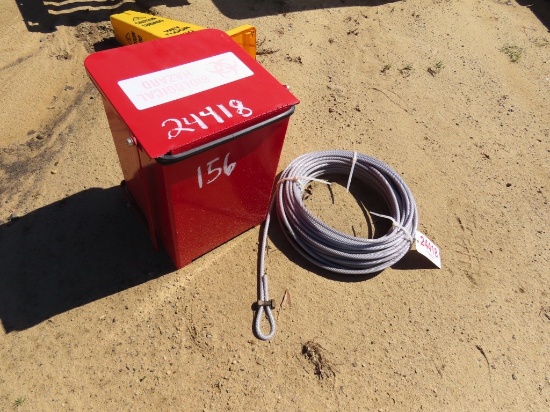 Roll of 1/2" cable w/clear coating, biological hazard can, wet floor sign