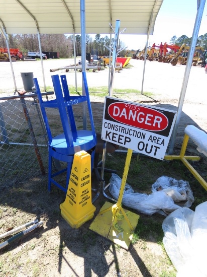 Wet floor signs w/metal tables, coat rack