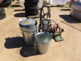 Metal trash cans w/Tempco water heater on hand cart