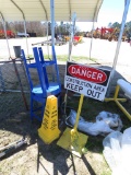 Wet floor signs w/metal tables, coat rack