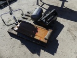 Pallet w/air tank, wood toolbox, antique tune-up machine