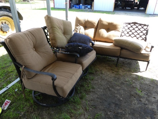 Patio furniture set- (2) swivel rockers & couch w/cushions