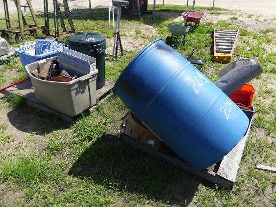 (2) Pallet of plastic storage containers/plastic barrel