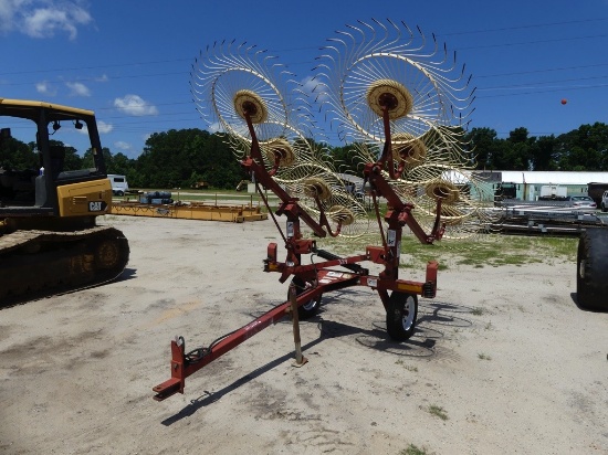 Hesston pull-type hay rake, hyd fold down 8wheels