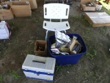 Plastic container, shower chair, misc items