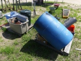 (2) Pallet of plastic storage containers/plastic barrel