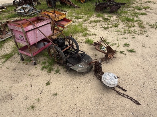 Kee antique push lawn mower/middle buster & Matco toolbox