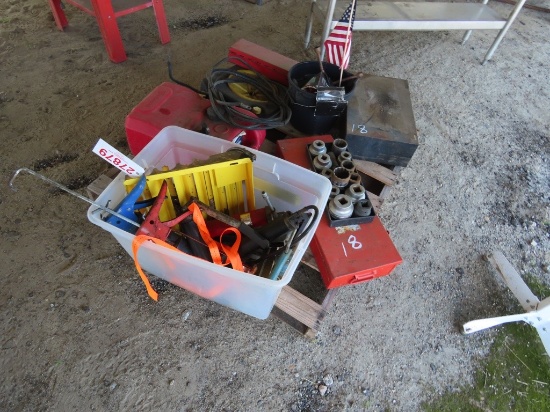 Pallet w/ sockets, tools, gas tank, & misc items