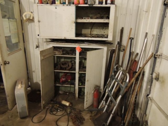All handled items, shovels, mops, canes, and contents inside cabinet