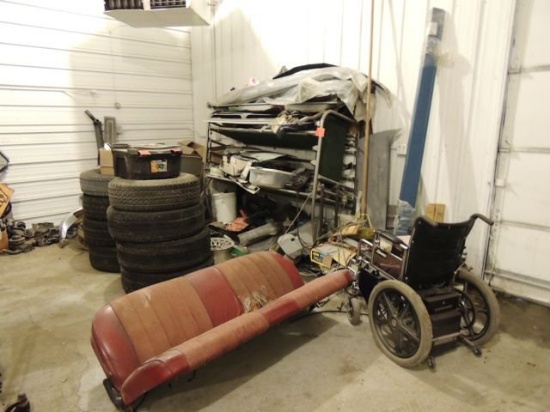 all misc auto parts in corner, and electric wheel chair for parts, vehicle