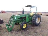 John Deere 2240 Diesel tractor, canopy, loader with quick tack and bucket,