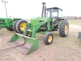 John Deere 4430 tractor with JD 148 loader, hours not known if actual, runs