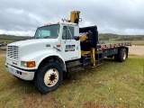 1999 International 4700 DT 466E truck with knuckle boom and 16 ft flatbed,