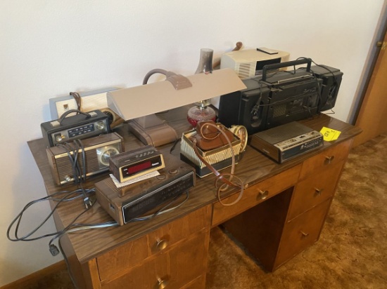 Desk and radios, clock ,desk light