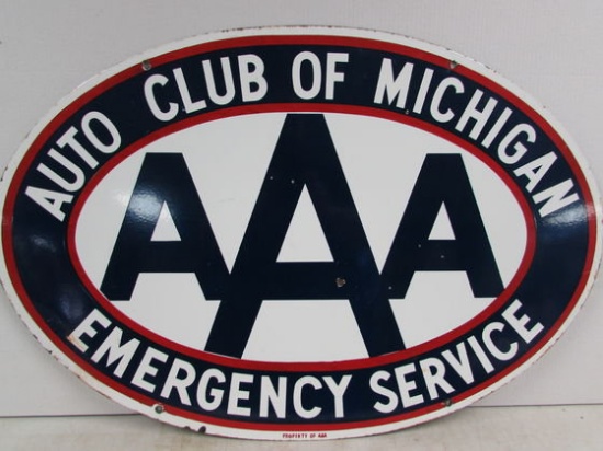 Antique Ca. 1940s Aaa Of Michigan Emergency Service Ds Porcelain Sign