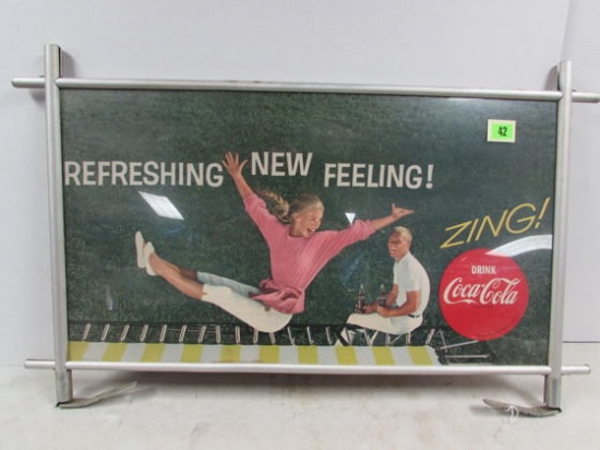 Ca. 1950s Cocacola Refreshing New Feeling Cardboard Sign In Original Aluminum Frame