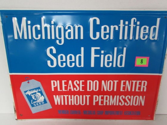 Vintage 1960's Michigan Certified Field Seed Embossed Metal Sign 18 X 24"