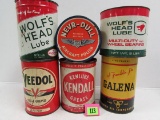 Lot (6) Antique Grease Cans Wolf's Head, Kendall, Veedol+