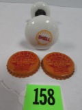 Rare Antique Shell Oil Porcelain Door Knobs Set + 2 Rare Oil Bottle Caps