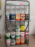 Awesome Vintage Service Station Oil Rack On Wheels W/ 17 Quart Cans