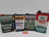 (4) Antique 1 Quart Outboard Motor Oil Cans White Rose, Diamond, Sunoco, Valvoline
