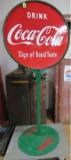 Ca. 1930s-1940s Cocacola Double Sided Porcelain Curbside Lollipop Sign W/ Original Cast Iron Base