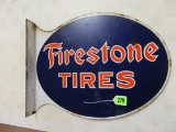 Original Antique Firestone Tires Double Sided Porcelain Flange Sign (baltimore Enamel)