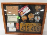 Shadow Box Containing 4 Antique Shell Gas License Plate Toppers.