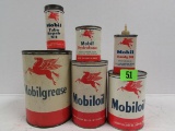 Lot (6) Vintage Mobil Pegasus Oil Cans, Grease Etc.