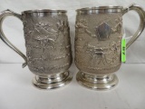 Unusual Set Of 2 Sterling Silver Mugs Embossed With African Elephant And Village Design, 675g