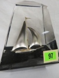 Beautiful 1970s Lucite Encased Gold And Sterling Silver Ship Desk Model