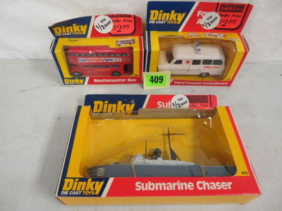 Lot of 3 Vintage 1970s Dinky Toys, Inc. Routemaster Bus, Ambulance, Submarine Chaser