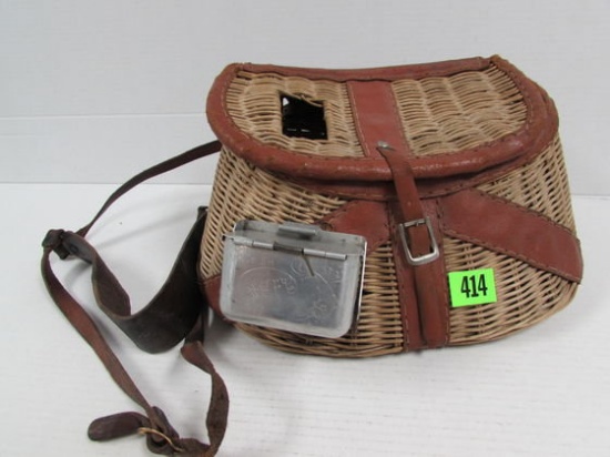 Antique Wicker Fishing Creel w/ Bait box & Original Leather Strap